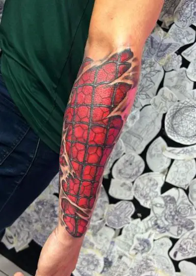 Red Spiderman Suit Forearm Sleeve Tattoo