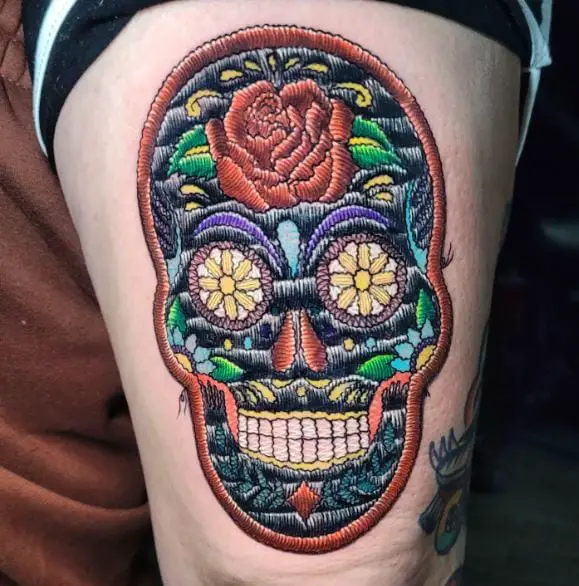 Colorful Sugar Skull Patch Thigh Tattoo