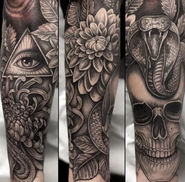 All Seeing Eye with Skull and Cobra Forearm Sleeve Tattoo