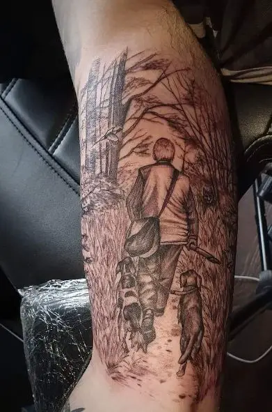 Forest and Hunter with Hunting Dogs Arm Tattoo