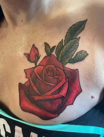 Red Rose with Green Leaves Chest Tattoo