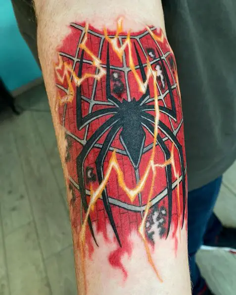 Black Logo on Spiderman Suit Forearm Tattoo
