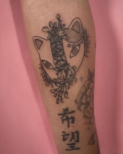 Grey Flowers and Tanjiro Demon Slayer Mask Forearm Tattoo