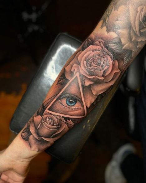 Colored Roses and All Seeing Eye Forearm Tattoo