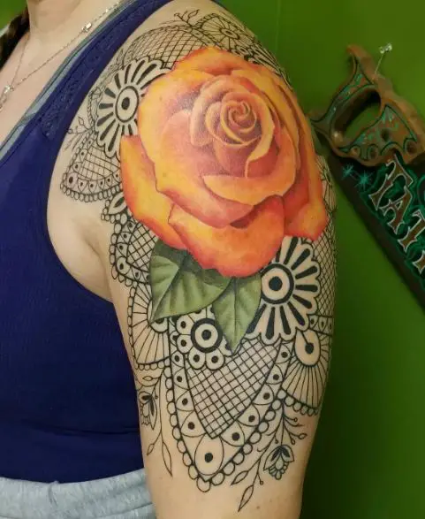 Lace Mandala and Rose Shoulder Tattoo