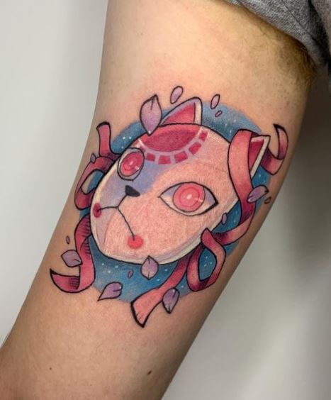 Colored Flower Petals and Tanjiro Demon Slayer Mask Biceps Tattoo