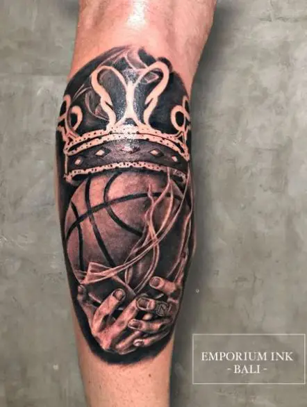 Hands Holding Basketball with Crown Calf Tattoo