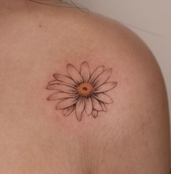 Colored Realistic Daisy Shoulder Tattoo