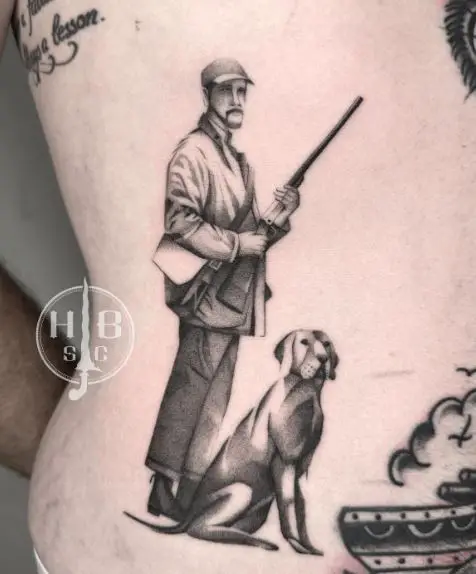 Hunting Dog and Hunter with Rifle Back Tattoo