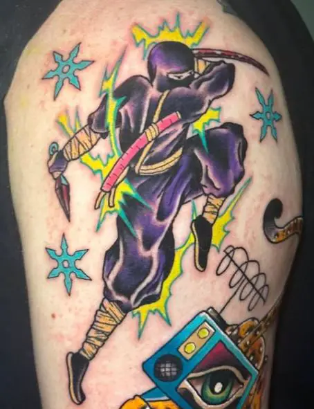 Traditional Ninja with Swards and Shurikens Arm Tattoo