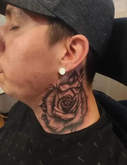 Grey Shaded Rose Neck Tattoo