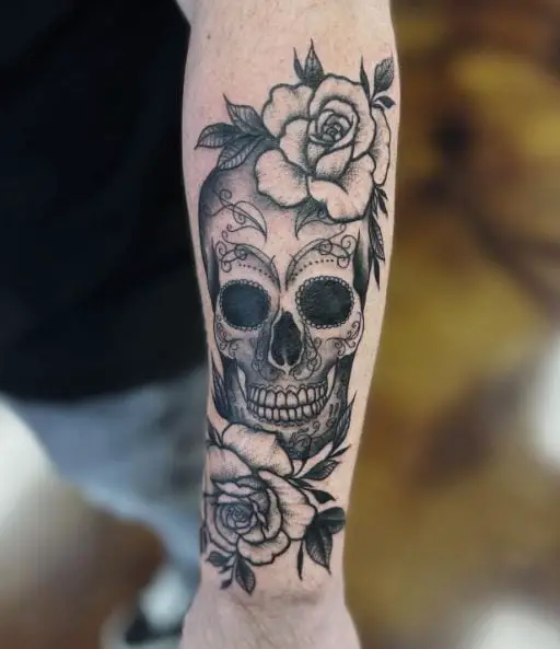 Black and Grey Sugar Skull with Roses Forearm Tattoo