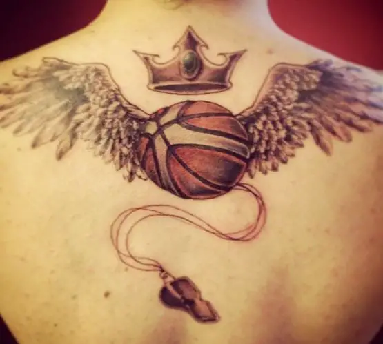 Whistle Blow and Basketball with Crown and Wings Back Tattoo