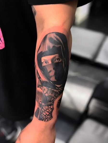 Black Shaded Ninja Forearm Tattoo