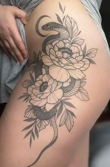 Grey Shaded Flowers and Snake Butt Tattoo