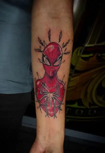 Red Suit Spidey Sense Forearm Tattoo