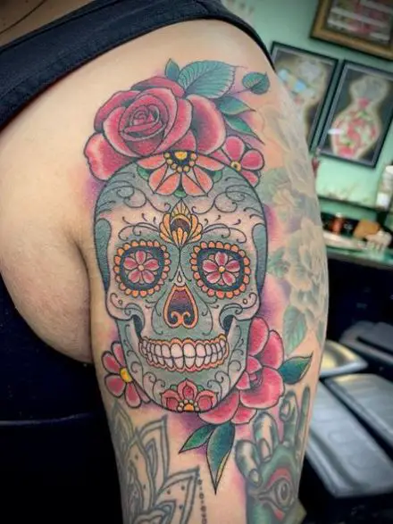 Roses and Sugar Skull with Flowers Arm Tattoo