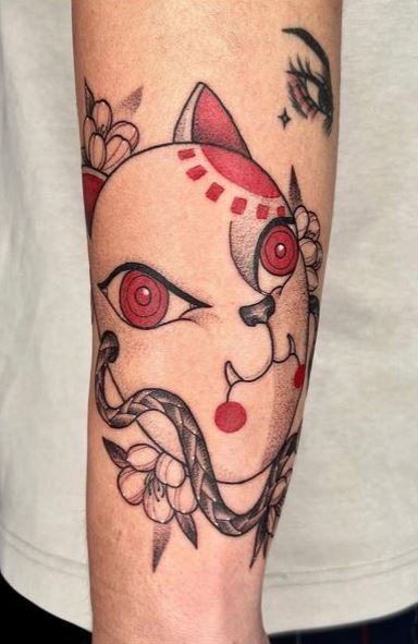 Tanjiro Demon Slayer Mask with Flowers and Snake Forearm Tattoo