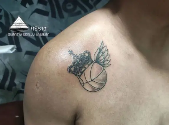 Basketball with Crown and Wings Shoulder Tattoo