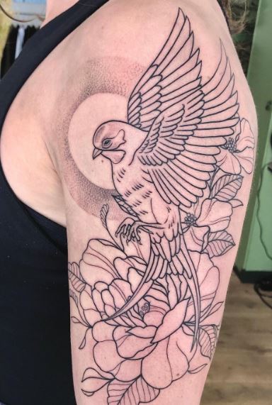 Flowers and Bird Arm Half Sleeve Tattoo