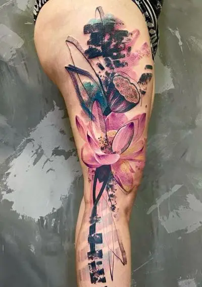Colorful Lotus Leg Tattoo