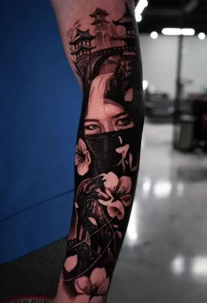 Ninja with Wolves and Flowers Arm Sleeve Tattoo