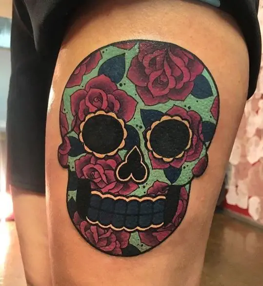 Colored Sugar Skull with Roses Thigh Tattoo