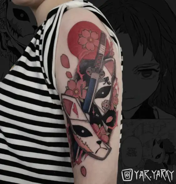Flowers and Tanjiro Demon Slayer Mask with Sword Arm Tattoo