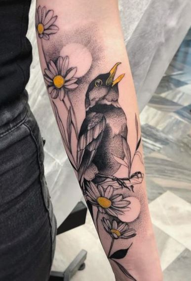 Shaded Daisies and Bird Arm Half Sleeve Tattoo