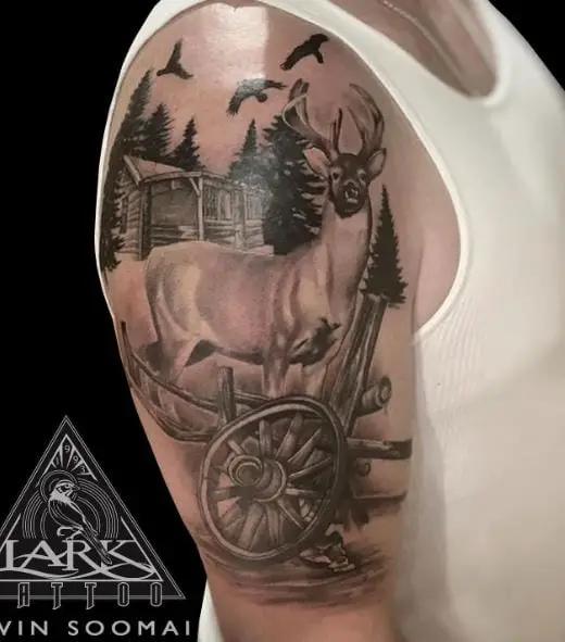 Forest Landscape with Ducks and Deer Arm Tattoo