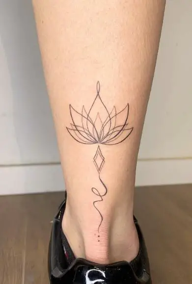 Black Thin Line Lotus Calf Tattoo