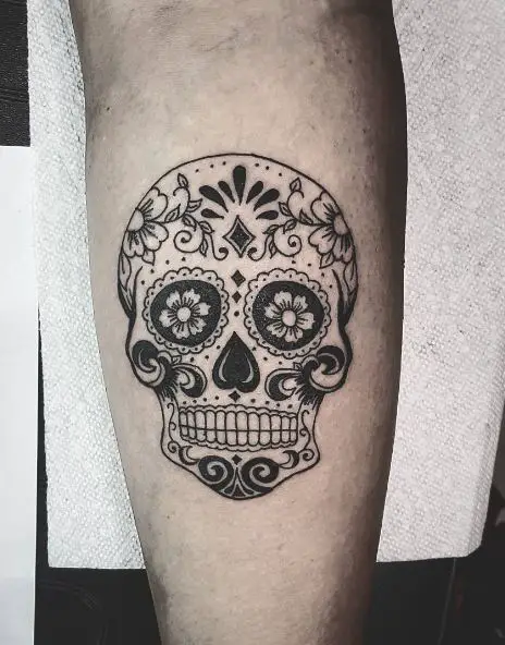Black and White Sugar Skull with Flowers Forearm Tattoo