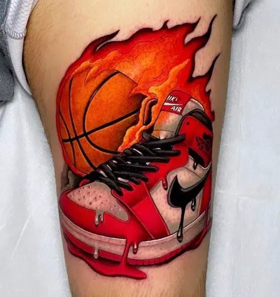 Melting Jordan Sneakers and Basketball on Fire Thigh Tattoo