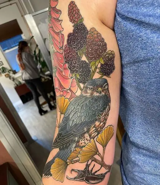 Colorful Berries and Falcon Arm Half Sleeve Tattoo