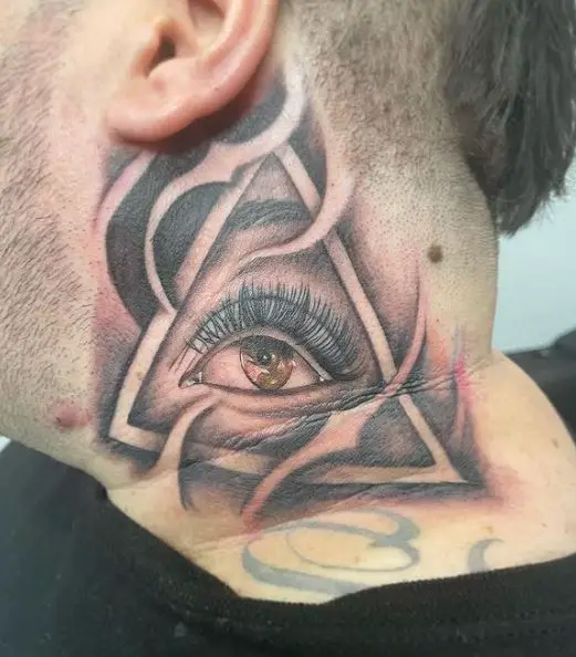 Realistic Green All Seeing Eye Neck Tattoo