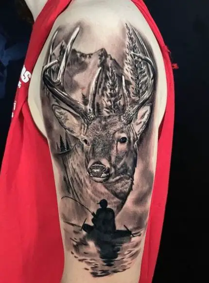 Mountain and Deer with Fisherman Arm Sleeve Tattoo