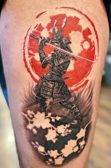 Red Sun and Ninja with Katana Leg Tattoo