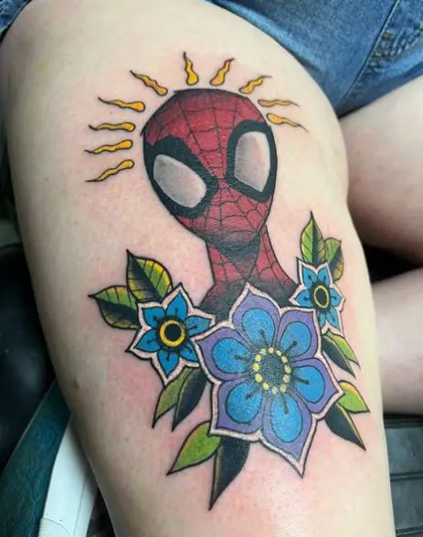 Colorful Flowers and Spidey Sense Thigh Tattoo