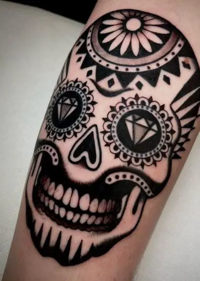 Black and White Sugar Skull with Diamonds Arm Tattoo