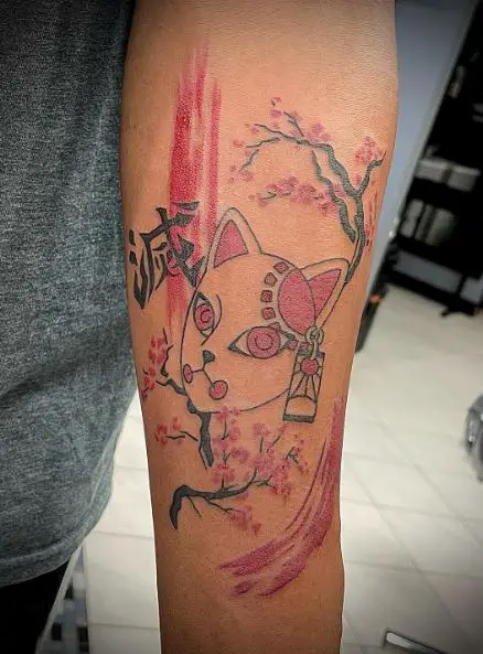 Trees with Flowers and Tanjiro Demon Slayer Mask Arm Tattoo