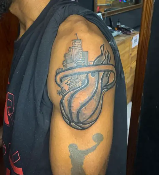 Skyscrapers and Basketball on Fire Arm Tattoo