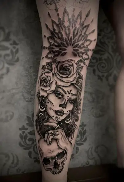 Roses and La Catrina with Skull Forearm Tattoo
