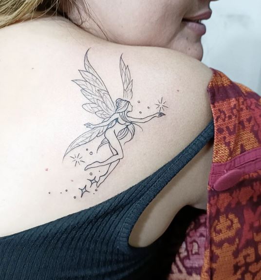 Minimalistic Grey Stars and Fairy Shoulder Tattoo