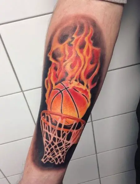 Colorful Basket and Basketball on Fire Forearm Tattoo
