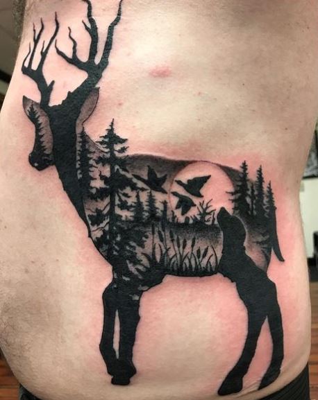 Deer with Ducks, and Hunting Dog Ribs Tattoo