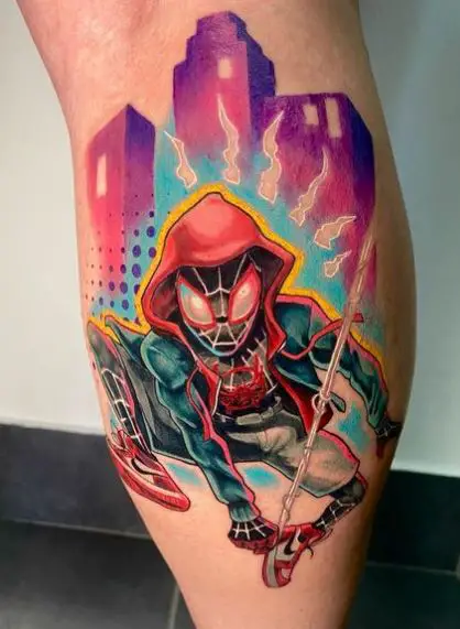 Colorful Skyscrapers and Black Suite Spidey Sense Calf Tattoo