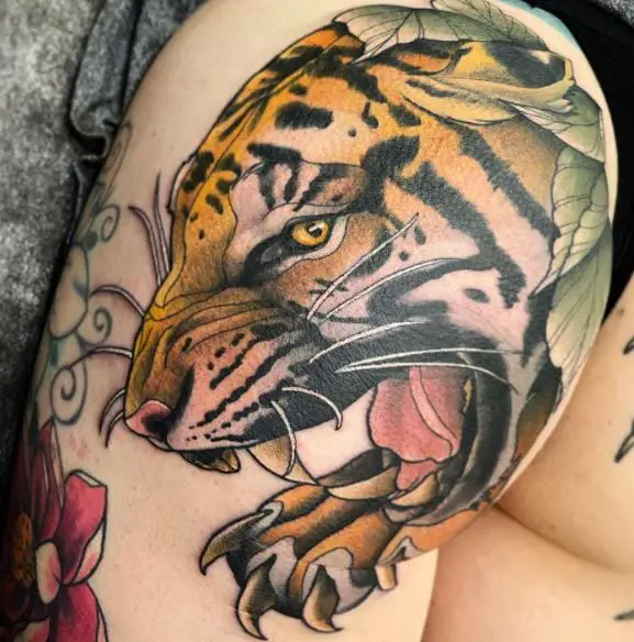 Colorful Roaring Tiger Butt Tattoo