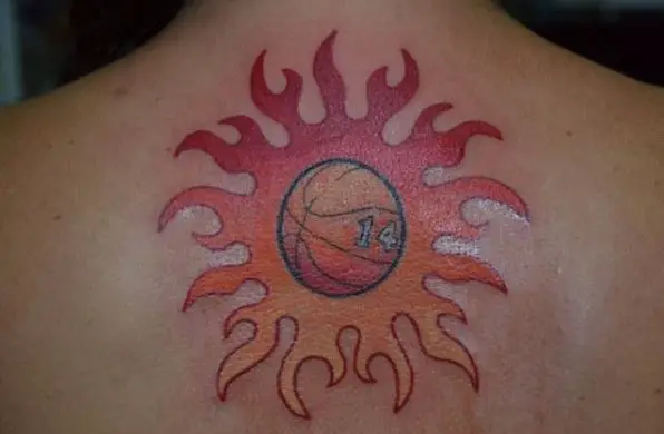 Colored Basketball on Fire with Number 14 Back Tattoo