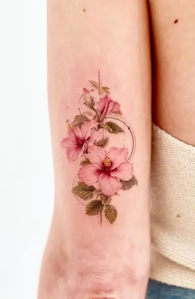 Pink Hibiscus with Leaves Arm Tattoo