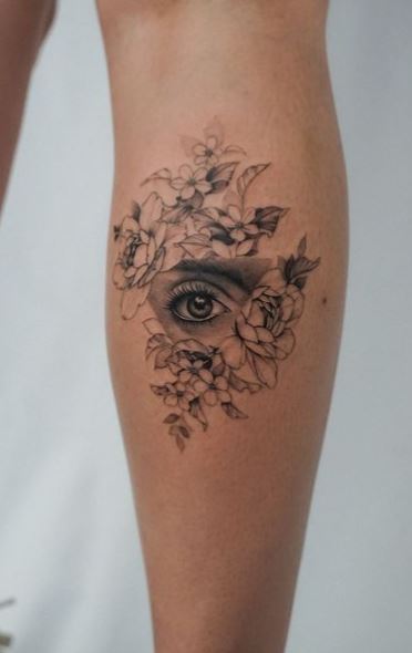Realistic All Seeing Eye with Flowers Calf Tattoo